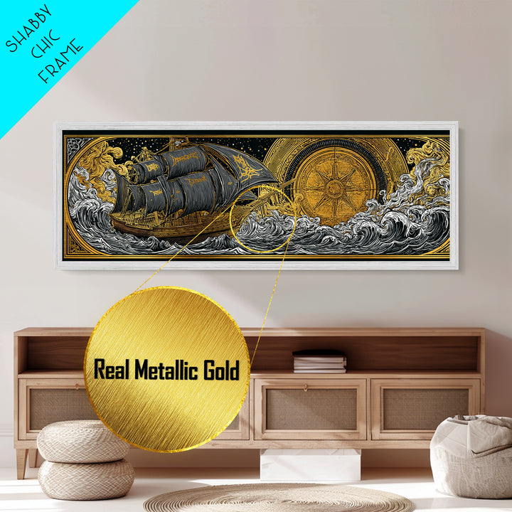 Nordic Naglfar Metallic Gold Art Metal Art – Viking Ship at Sea, Norse Mythology Wall Decor Dad Gift, framed in genuine wood