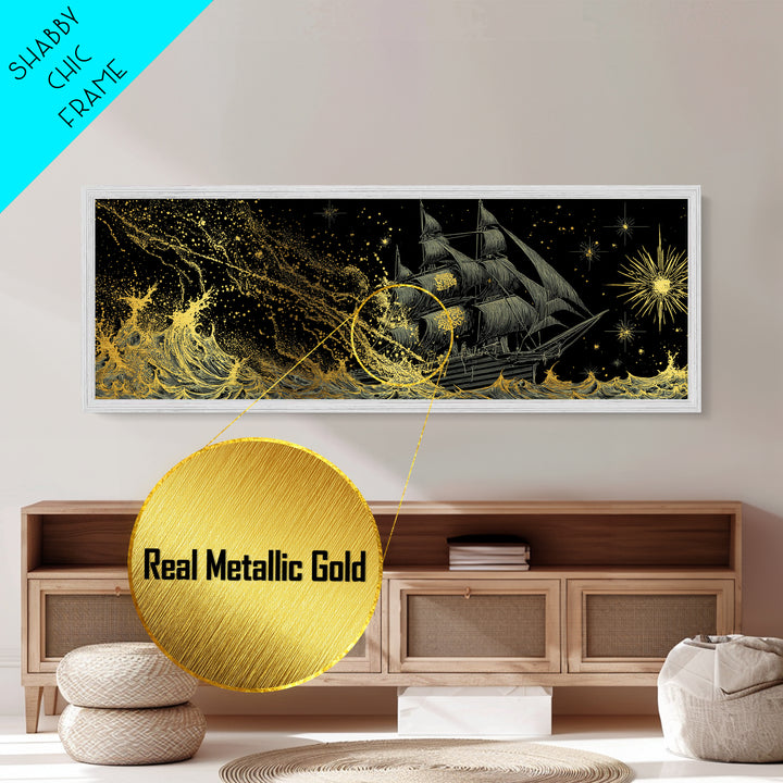Naglfar Ship Metal Art Metallic Gold Art – Viking Longship Norse Mythology Office Decor Man Cave Wall Hanging, real wood frame
