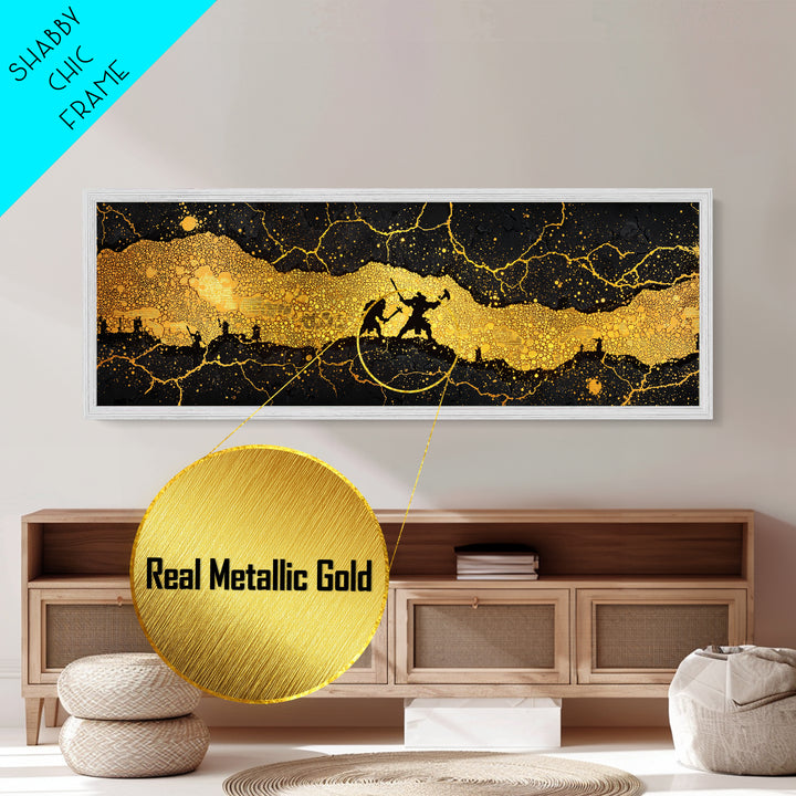 Nidavellir Dwarven Forge Metallic Gold Art Metal Art – Norse Mythology Nordic Decor, Office Wall Hanging, real wood frame included