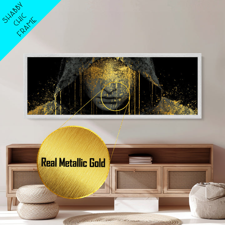 Norse Crown Metallic Gold Art Metal Art – Nordic Royalty Symbol Mythology Wall Hanging for Office or Man Cave, framed with real wood