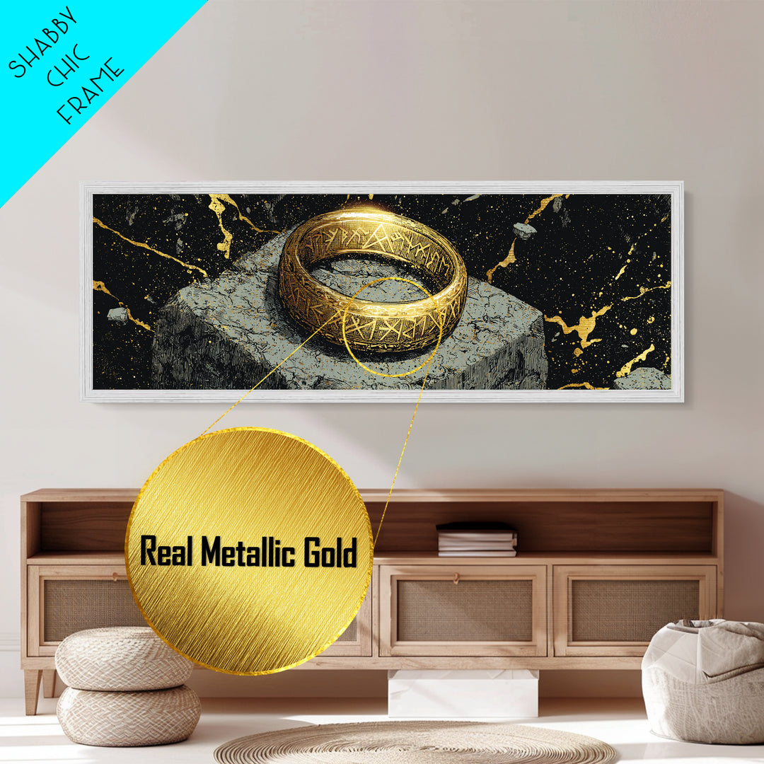 Norse Ring Metallic Gold Art Metal Art – Nordic Mythology Jewelry Symbol, Viking Inspired Wall Decor Office Gift, natural wood frame