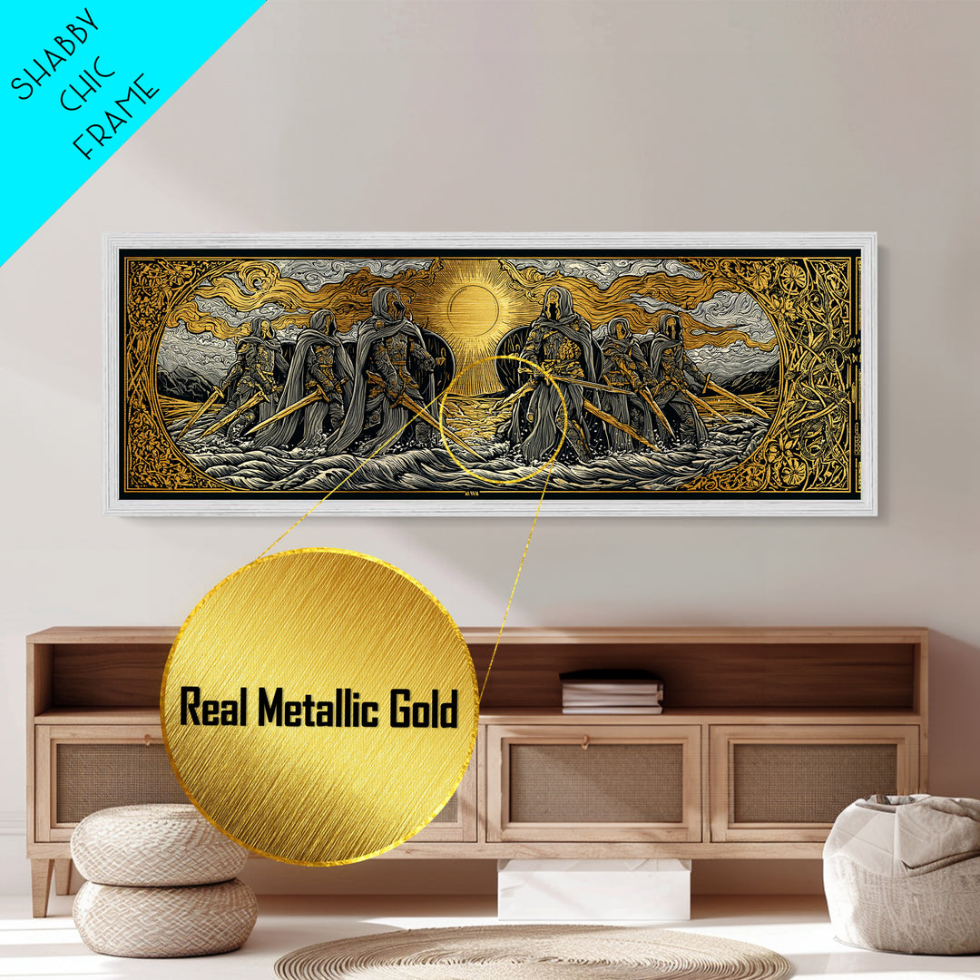 Norse Warriors Metallic Gold Art Metal Art | Viking Battle Scene Wall Decor framed in natural wood | Man Cave or Office Gift