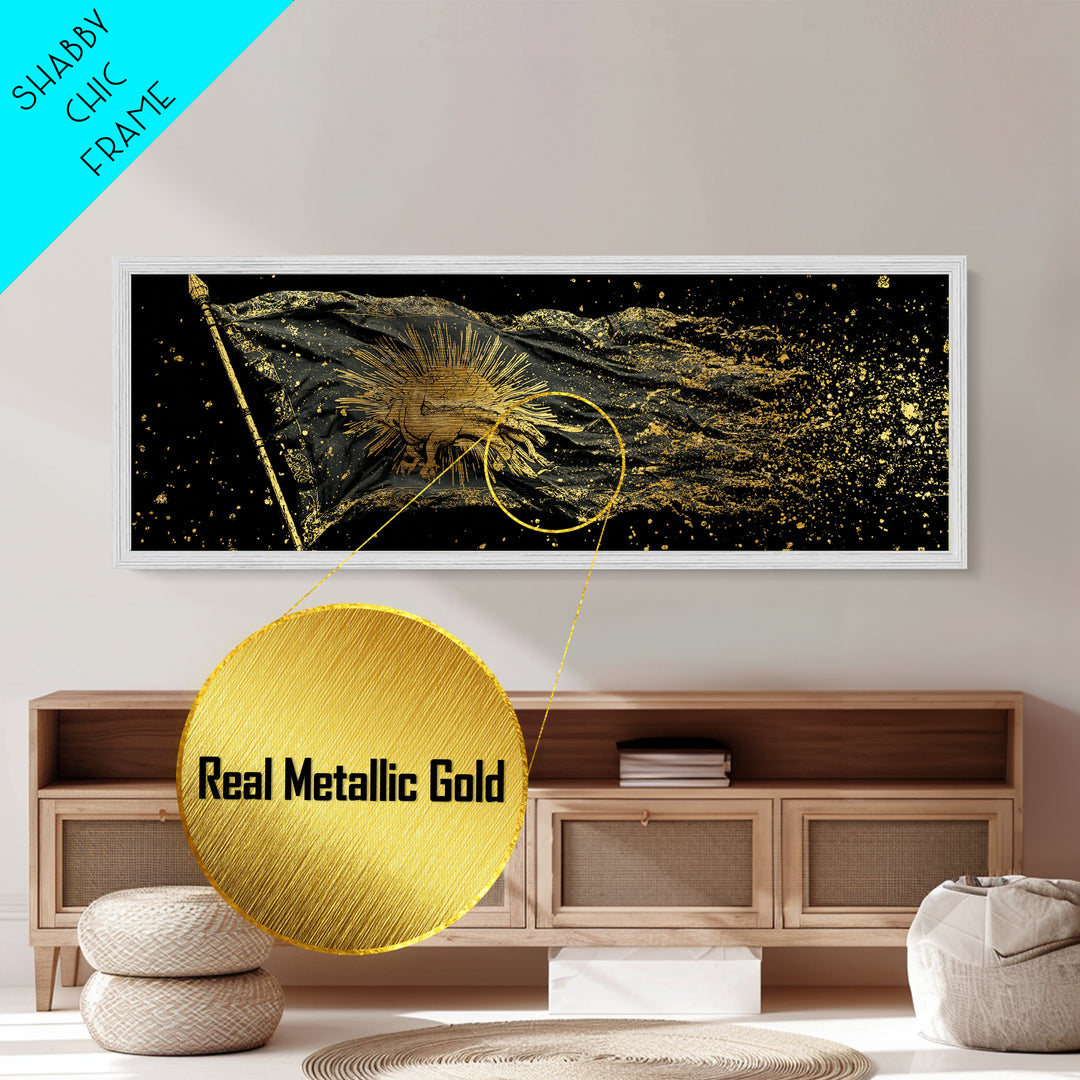 Nordic Battle Scene Metallic Gold Art Metal Art – Norse Mythology Warrior Office Wall Decor Dad Gift, handcrafted real wood frame
