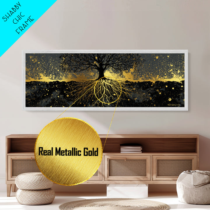 Nordic Tree of Life Yggdrasil Metallic Gold Art Metal Art Norse Mythology Wall Decor, handcrafted in a premium real wood frame