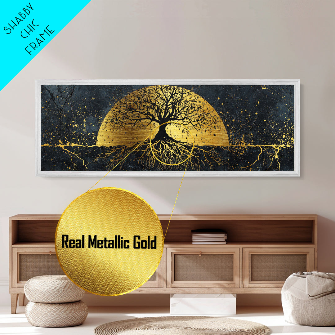 The World Tree Norse Yggdrasil Metallic Gold Art Metal Art Cosmic Wall Decor for Office or Man Cave, framed in natural wood