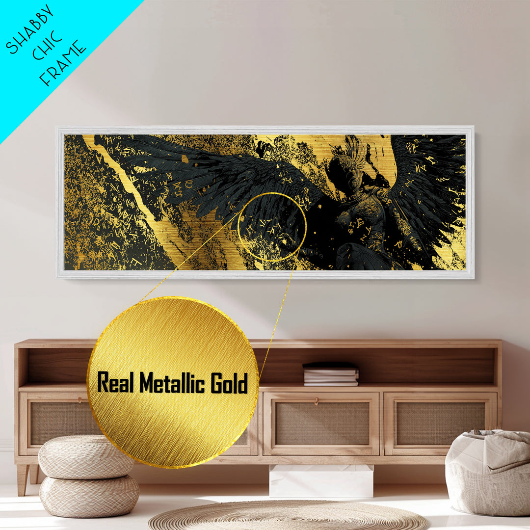 Nordic Valkyrie Metallic Gold Art Metal Art with Mythology Design, Man Cave Wall Decor in real wood frame, Norse Office Gift