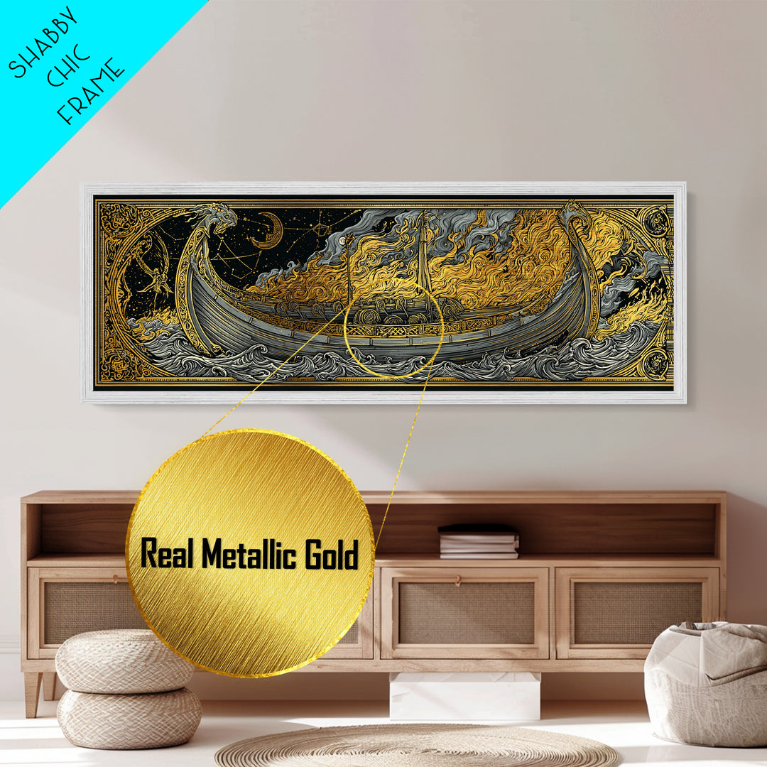 Norse Viking Longship Metallic Gold Art Metal Art, Mythology Office Wall Decor with real wood frame, Unique Gift for Men