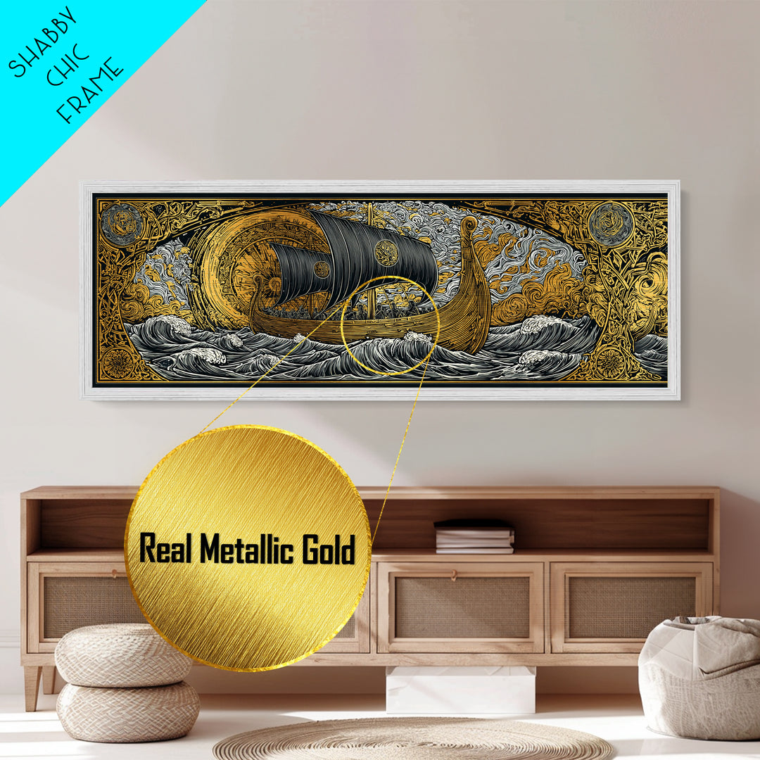 Nordic Viking Helmet Metallic Gold Art Metal Art, Man Cave Decor in natural wood frame, Mythology Wall Art Office Gift