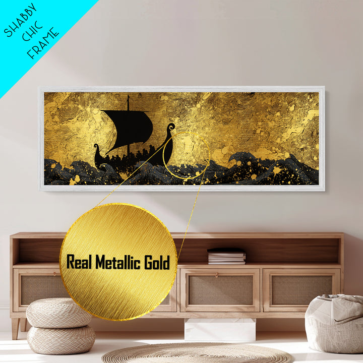 Viking Funerary Ship Metallic Gold Art Norse Mythology Metal Art, Office Wall Decor framed in real wood, Dad Gift Man Cave