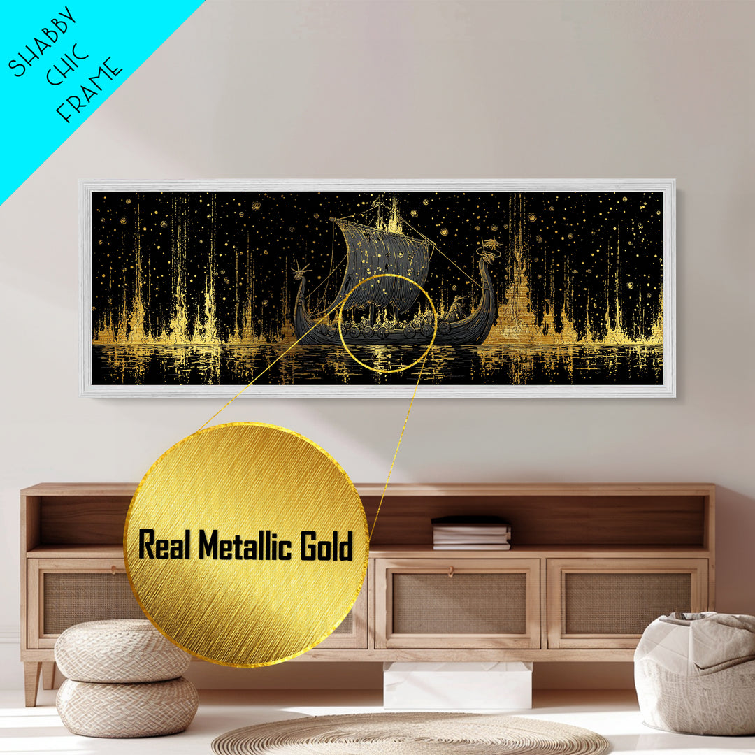 Nordic Viking Warriors Metallic Gold Art Metal Art, Mythology Office Wall Hanging in natural wood frame, Gift for Him Decor