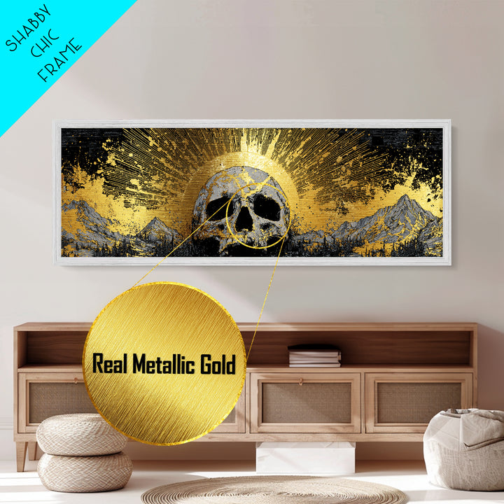 Nordic Mythology Metallic Gold Art, Ymir Skull Landscape Metal Art with Natural Wood Frame, Viking Man Cave Wall Decor