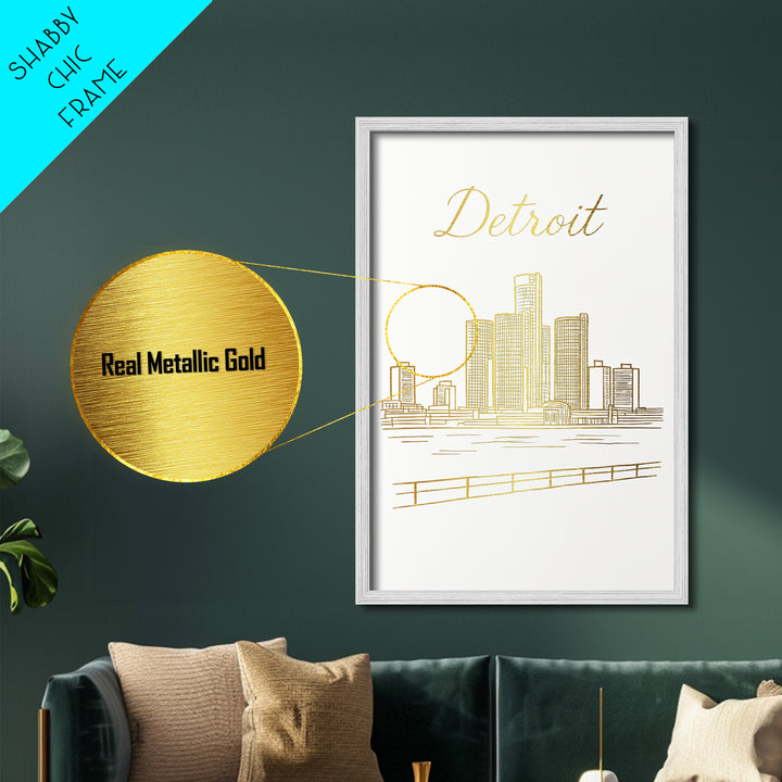 Detroit Michigan Art, Metallic Gold Print, Wood Framed Art, Metal Art, Minimalist Wall Art, Birthday Gift, Home Office Art