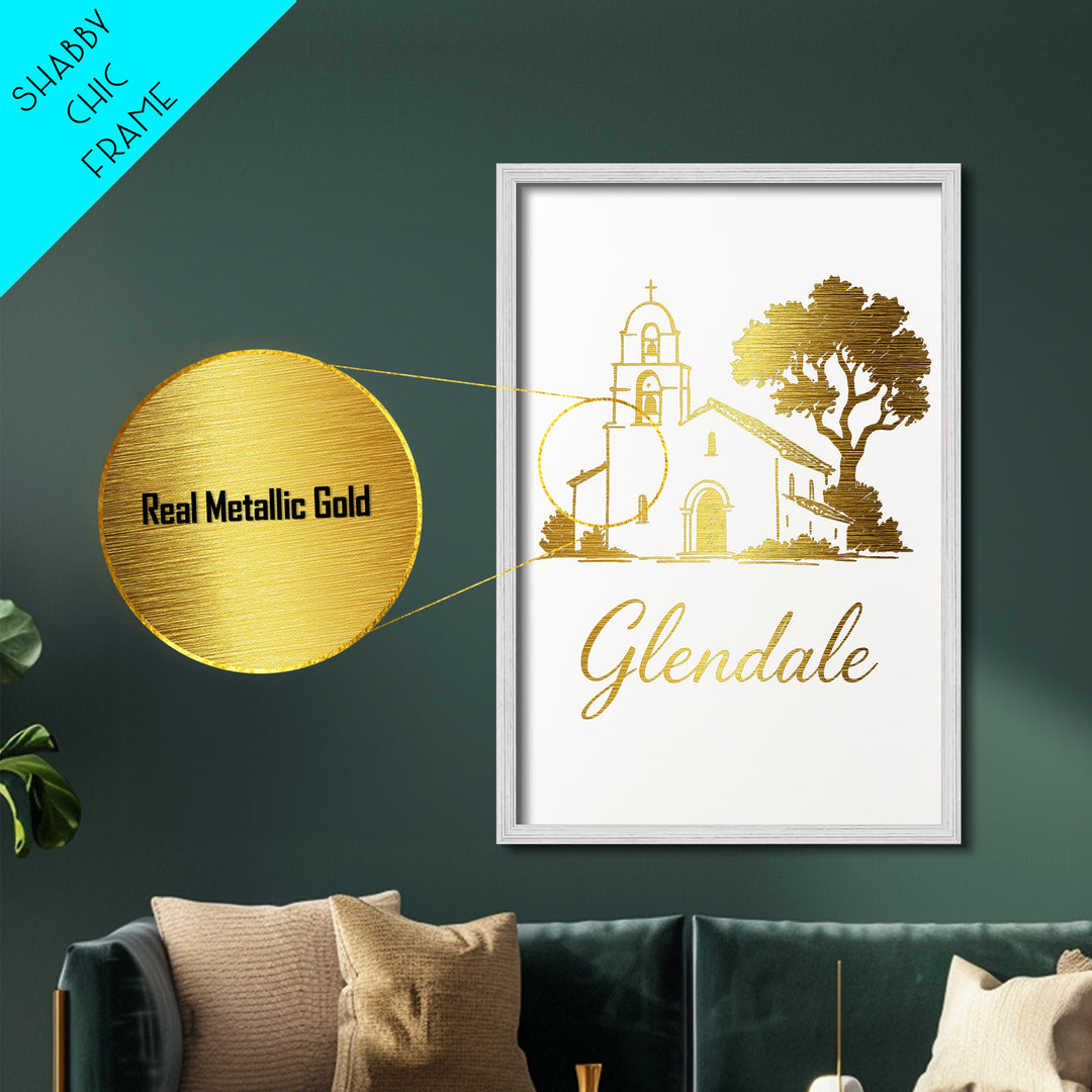 Glendale California Art, Metallic Gold Print, Wood Framed Art, Metal Art, Modern Skyline Wall Print, Traveler Gift, Bedroom Art