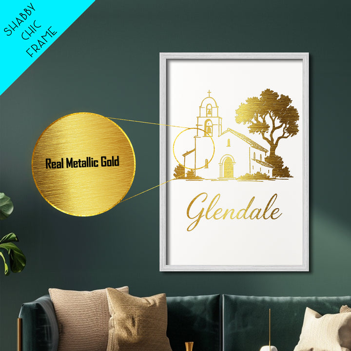 Glendale California Art, Metallic Gold Print, Wood Framed Art, Metal Art, Modern Skyline Wall Print, Traveler Gift, Bedroom Art
