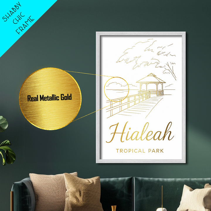 Hialeah Florida Travel, Metallic Gold Art, Wood Framed Art, Metal Art, Modern Skyline Wall Print, Anniversary Gift, Bedroom Art