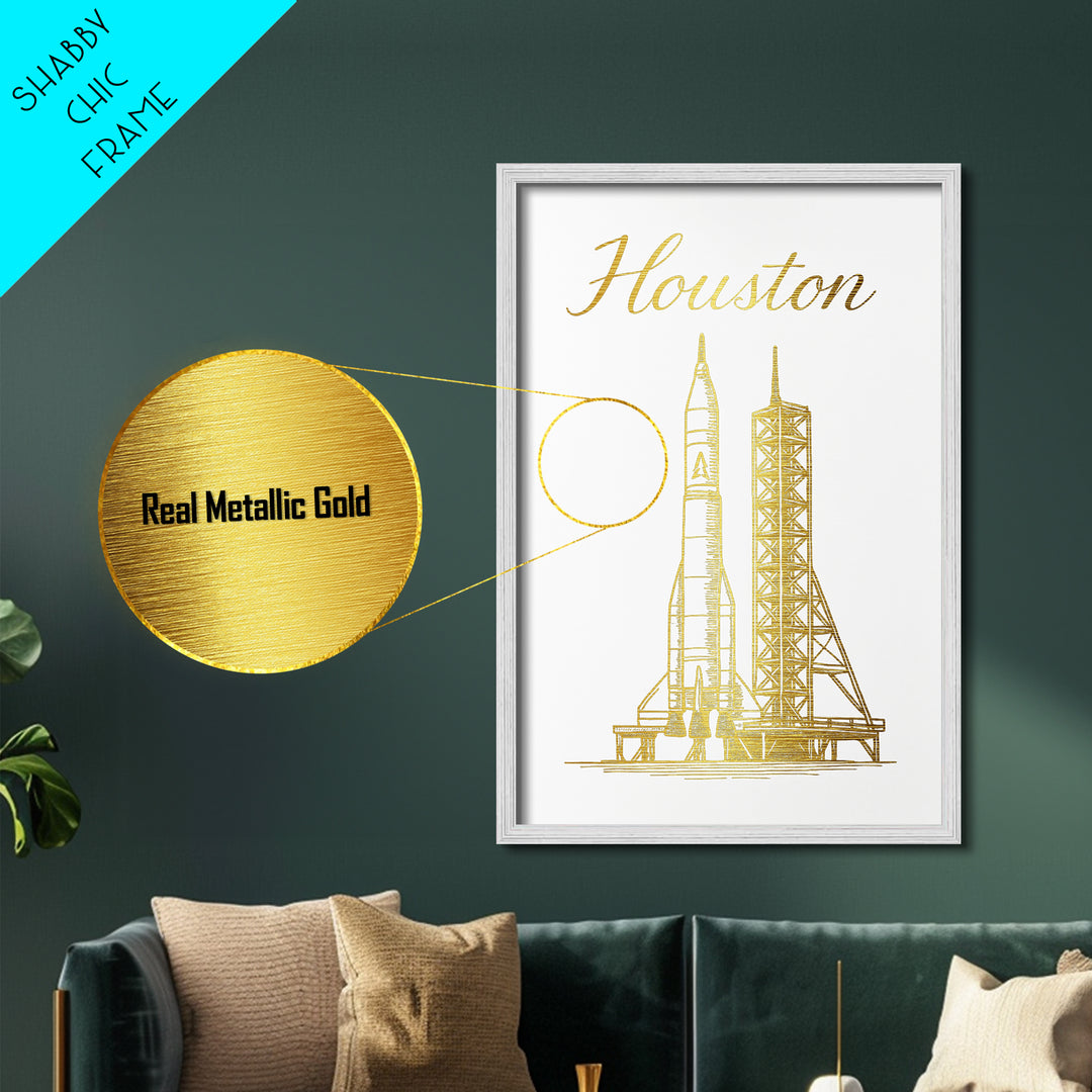 Houston Texas Art, Metallic Gold Print, Wood Framed Art, Metal Art, Modern Wall Art, Adventure Lover Gift, Entryway Wall Print
