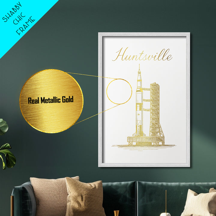 Huntsville Alabama Travel, Metallic Gold Art, Wood Framed Art, Metal Art, Modern Skyline Wall Print, Anniversary Gift, Living Room Art