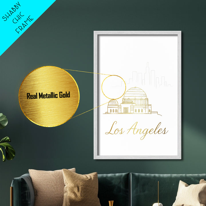 Los Angeles California Art, Metallic Gold Print, Wood Framed Art, Metal Art, Birthday Gift, Living Room Art, Entryway Wall Print