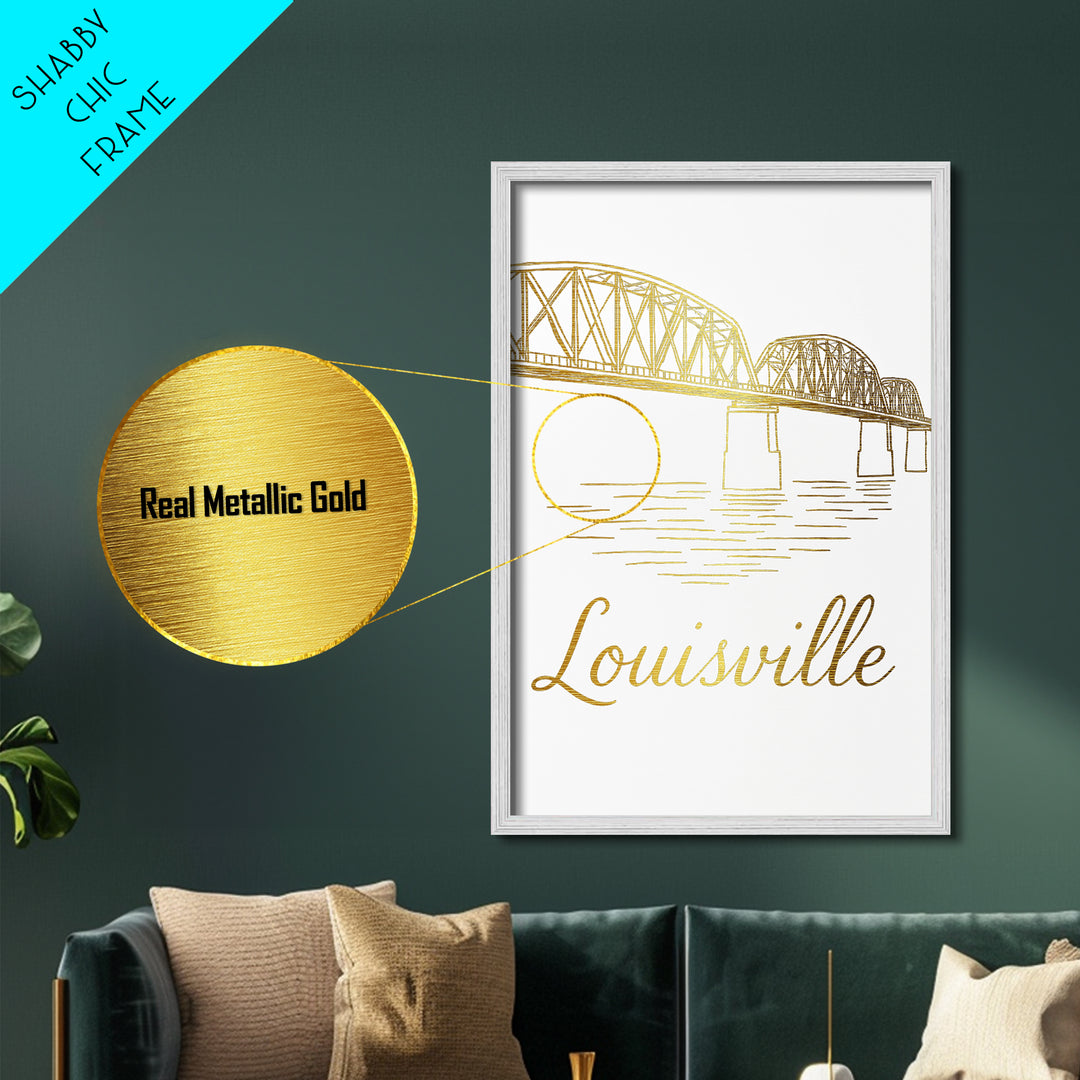 Louisville Kentucky Art, Metallic Gold Art, Wood Framed Art, Metal Art, Destination Gift, Entryway Wall Print, Hallway Wall Art