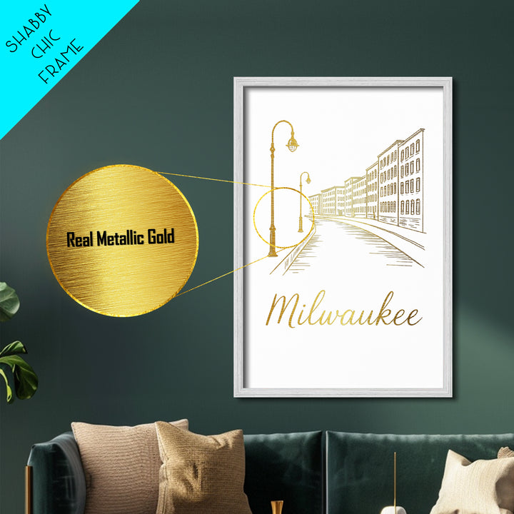 Milwaukee Wisconsin Travel, Metallic Gold Art, Wood Framed Art, Metal Art, Honeymoon Gift, Bedroom Art, Home Office Art