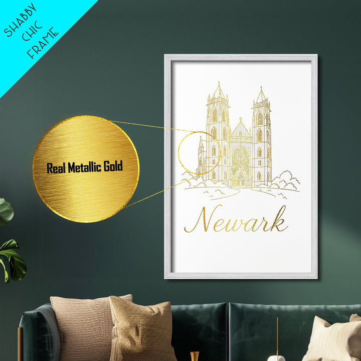 Newark New Jersey Art, Metallic Gold Art, Wood Framed Art, Metal Art, Minimalist Wall Art, Destination Gift, Living Room Art