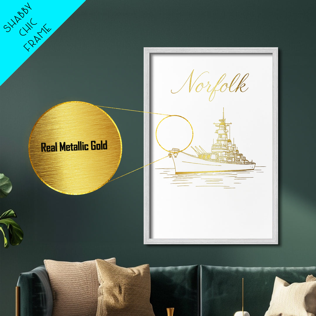 Norfolk Virginia Art, Metallic Gold Art, Wood Framed Art, Metal Art, Minimalist Wall Art, Entryway Wall Print, Anniversary Travel Gift