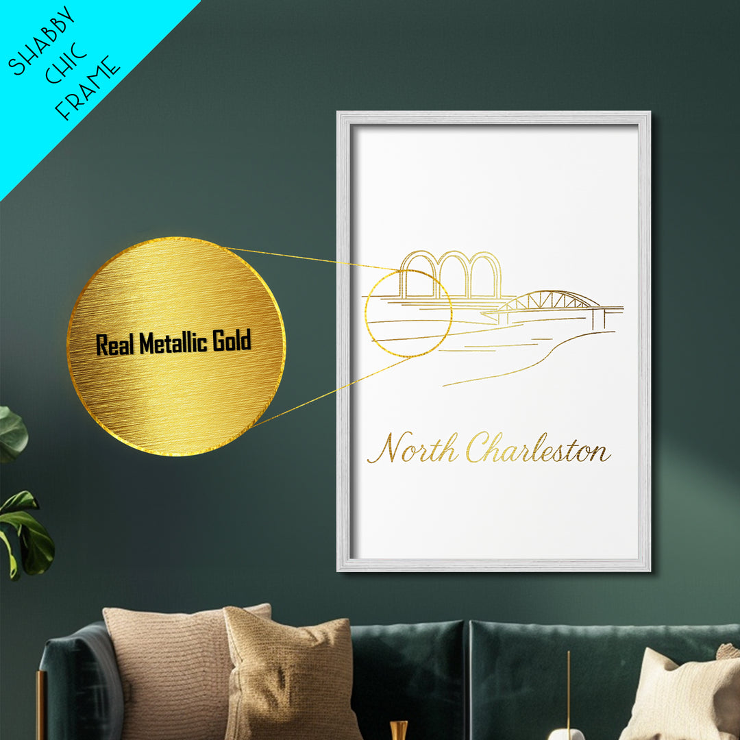 North Charleston South Carolina Travel, Metallic Gold Art, Wood Framed Art, Metal Art, Modern Wall Art, Honeymoon Gift, Bedroom Wall Art