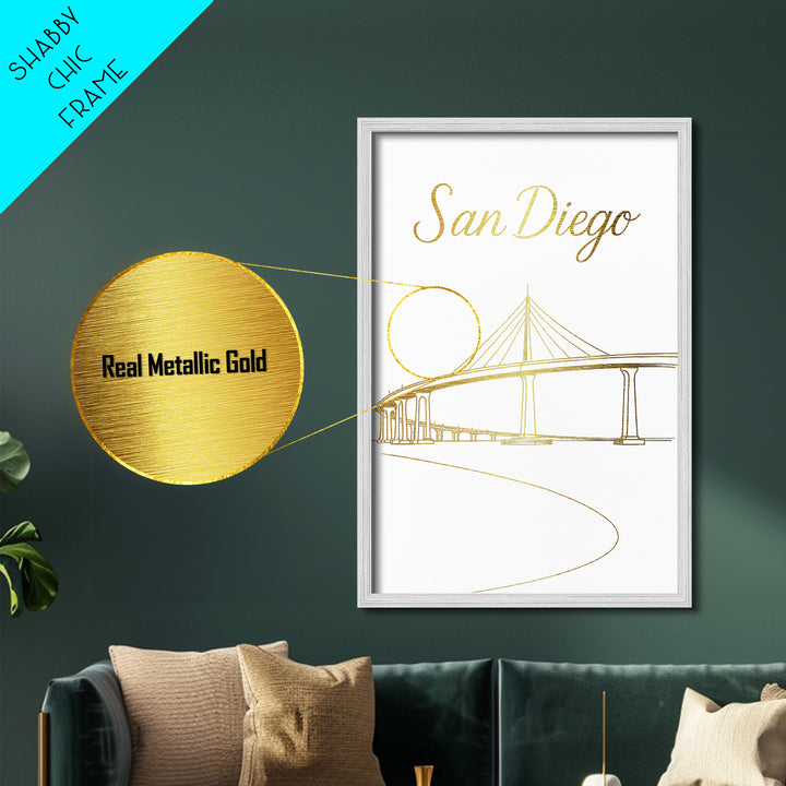 San Diego California Art, Metallic Gold Art, Wood Framed Art, Metal Art, Modern House Art, Wanderlust Gift, Living Room Decor
