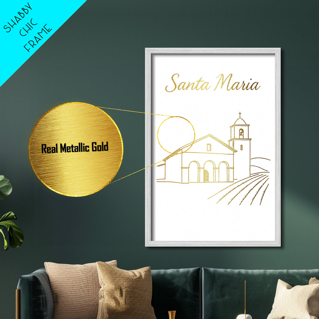 Santa Maria California Art, Metallic Gold Art, Wood Framed Art, Metal Art, Modern House Art, Wanderlust Gift, Bedroom Decor