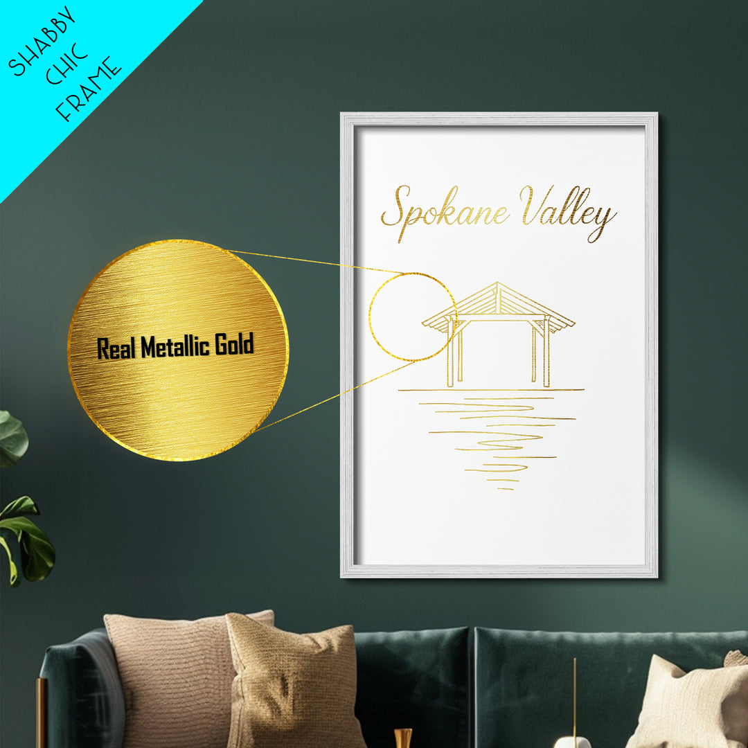 Spokane Valley Washington Travel, Metallic Gold Print, Wood Framed Art, Metal Art, Minimalist Wall Art, Birthday Travel Gift, Home Decor