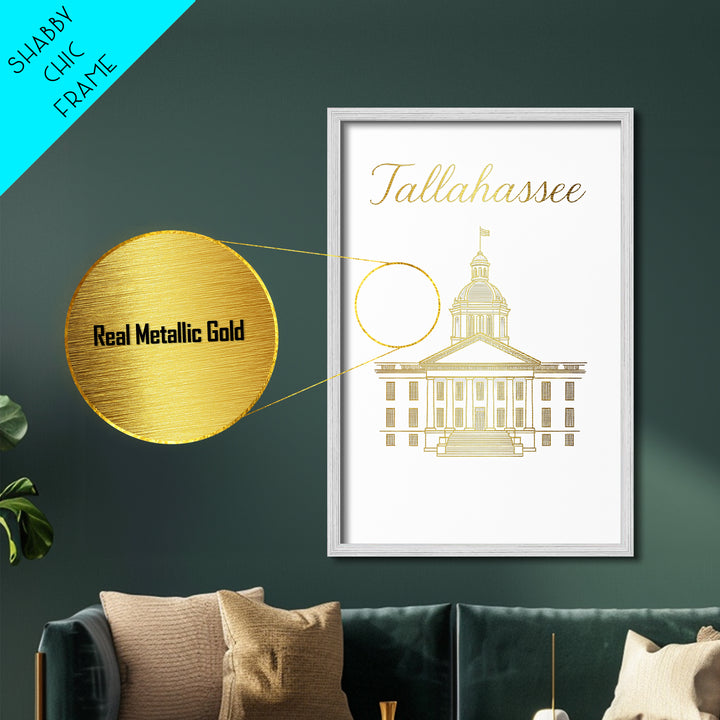 Tallahassee Florida Art, Metallic Gold Art, Wood Framed Art, Metal Art, Modern Wall Art, Anniversary Travel Gift, Office Decor