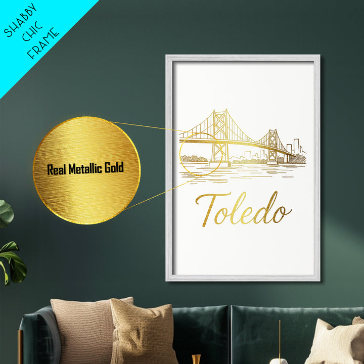 Toledo Ohio Travel, Metallic Gold Print, Wood Framed Art, Metal Art, Modern Wall Art, Graduation Travel Gift, Home Decor