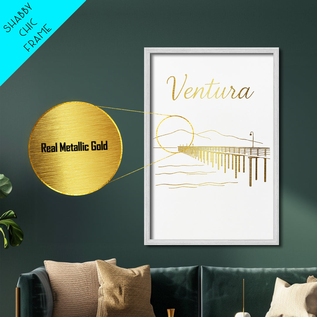 Ventura California Travel, Metallic Gold Print, Wood Framed Art, Metal Art, Modern Wall Art, Honeymoon Gift, Office Decor