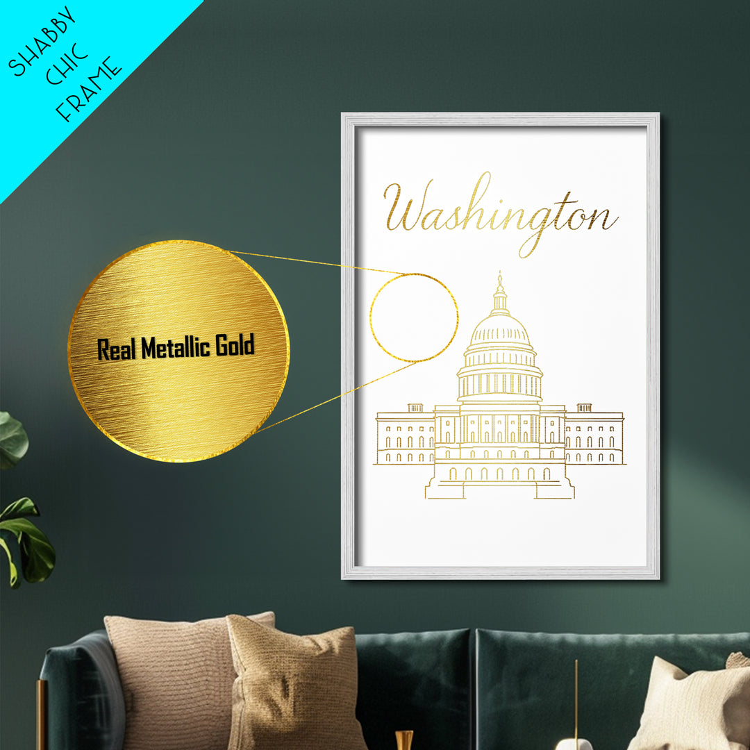 Washington DC Travel, Metallic Gold Print, Wood Framed Art, Metal Art, Minimalist Wall Art, Destination Gift, Bedroom Decor