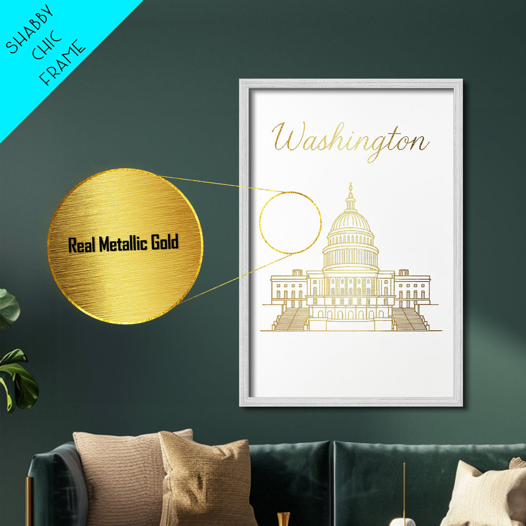 Washington DC Travel, Metallic Gold Print, Wood Framed Art, Metal Art, Minimalist Wall Art, Retirement Travel Gift, Bedroom Decor