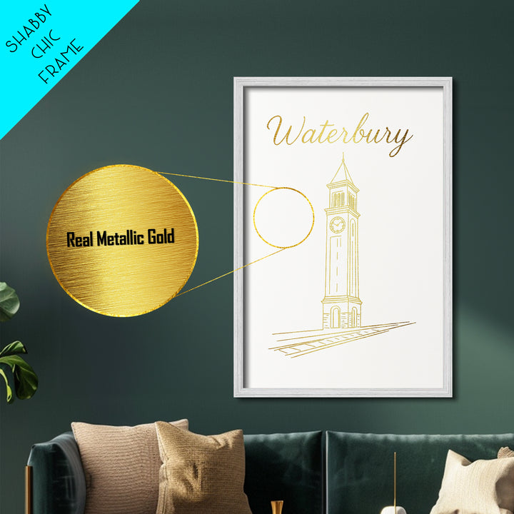 Waterbury Connecticut Travel, Metallic Gold Print, Wood Framed Art, Metal Art, Minimalist Wall Art, Honeymoon Gift, Living Room Decor