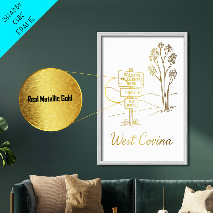 West Covina California Travel, Metallic Gold Print, Wood Framed Art, Metal Art, Minimalist Wall Art, Destination Gift, Home Decor