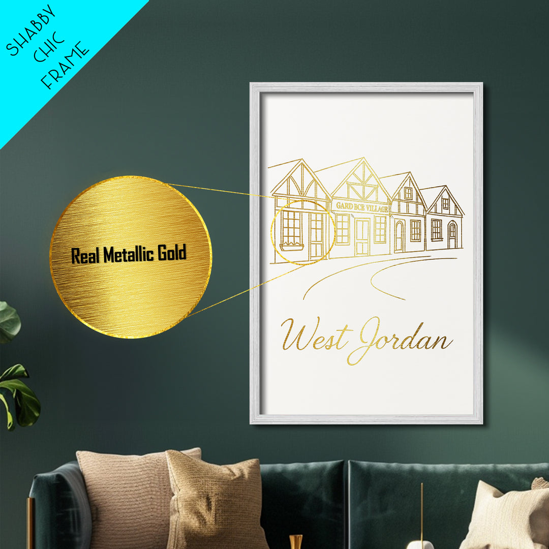West Jordan Utah Travel, Metallic Gold Print, Wood Framed Art, Metal Art, Modern Wall Art, Anniversary Travel Gift, Bedroom Decor