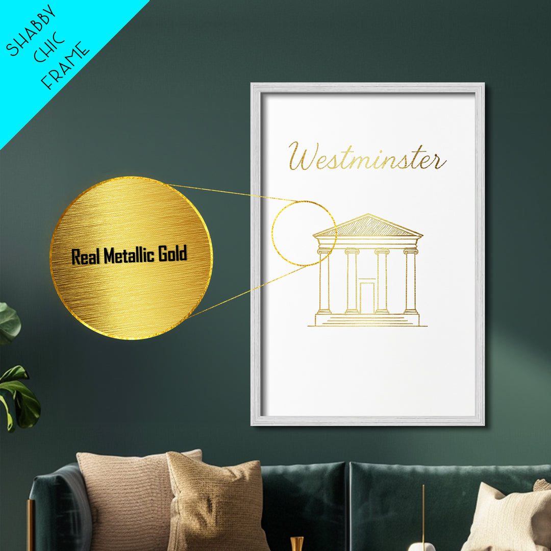 Westminster California Travel, Metallic Gold Print, Wood Framed Art, Metal Art, Modern Wall Art, Graduation Travel Gift, Living Room Decor