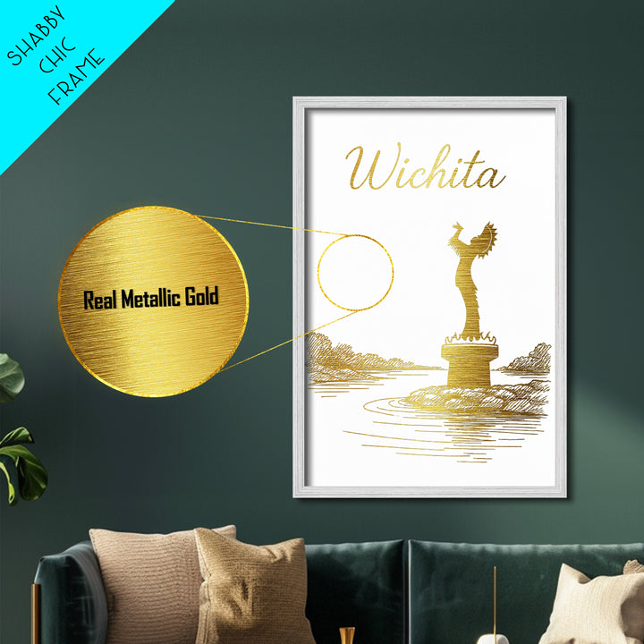 Wichita Kansas Travel, Metallic Gold Print, Wood Framed Art, Metal Art, Minimalist Wall Art, Destination Gift, Home Decor