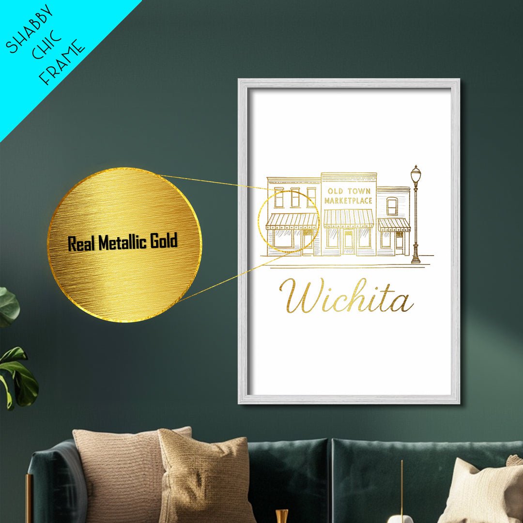 Wichita Kansas Art, Metallic Gold Art, Wood Framed Art, Metal Art, Modern House Art, Wanderlust Gift, Bedroom Decor