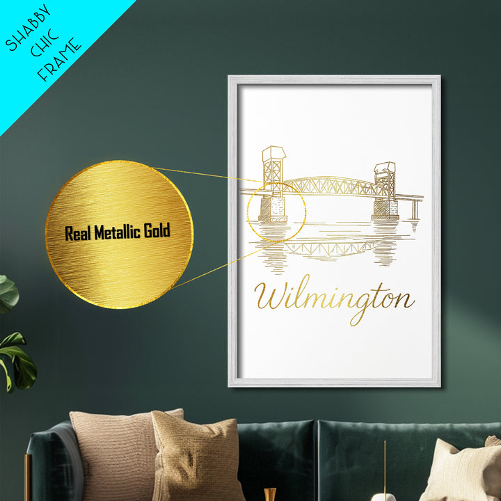 Wilmington Delaware Travel, Metallic Gold Print, Wood Framed Art, Metal Art, Modern House Art, Birthday Travel Gift, Home Decor