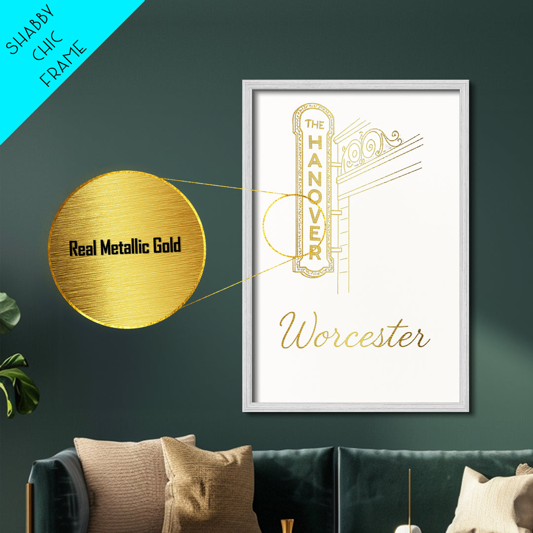 Worcester Massachusetts Travel, Metallic Gold Print, Wood Framed Art, Metal Art, Minimalist Wall Art, Honeymoon Gift, Bedroom Decor