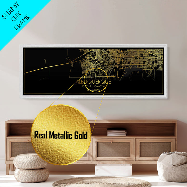 Black and Gold Panoramic Albuquerque New Mexico Street Map Wall Art - Metal Art - Metallic Gold Foil Wall Art - Gold Street Map Art