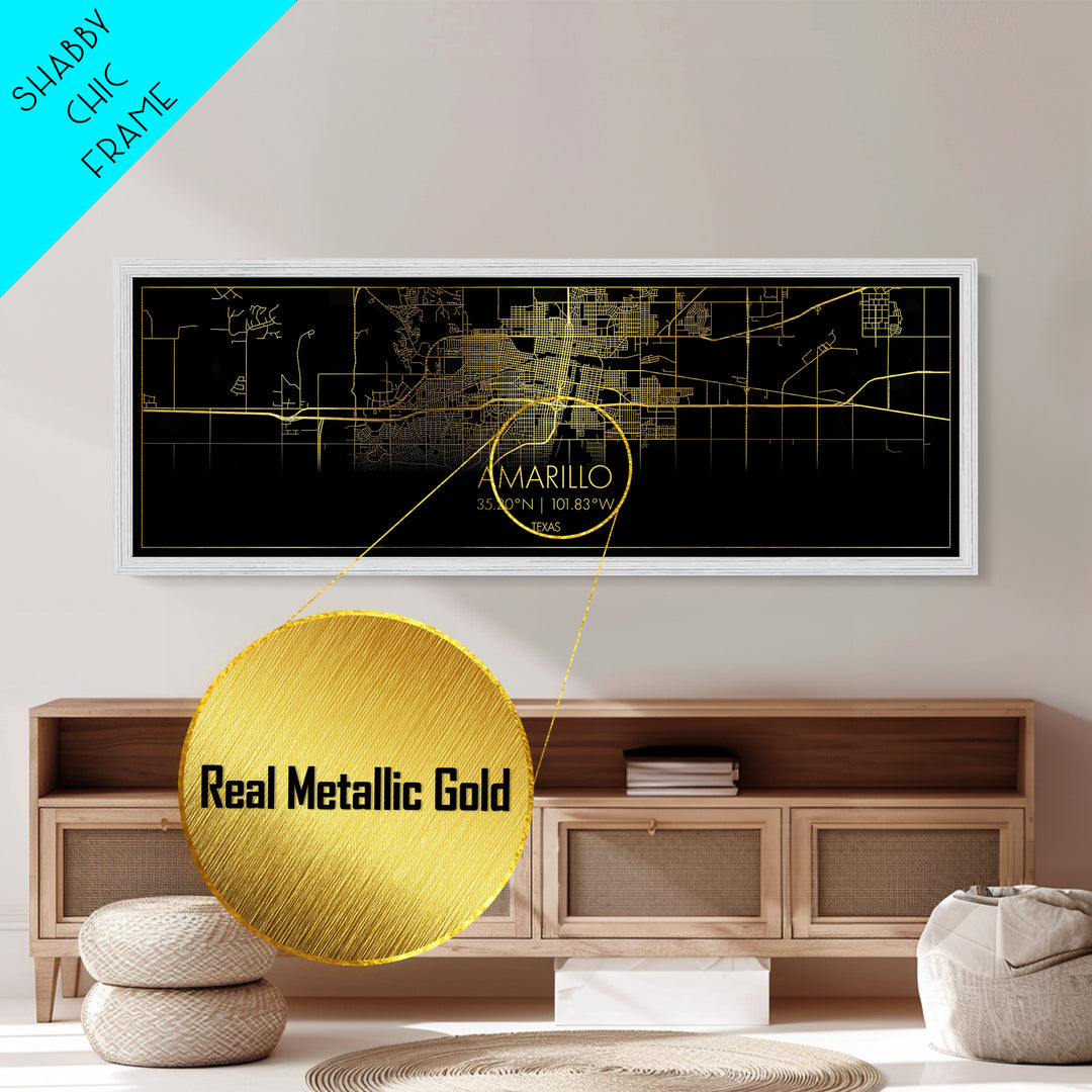 Amarillo Texas City street map, Panoramic art, black and gold, Metallic Gold Print, Metal Art, real wood frames, Modern Wall Art, Map Art