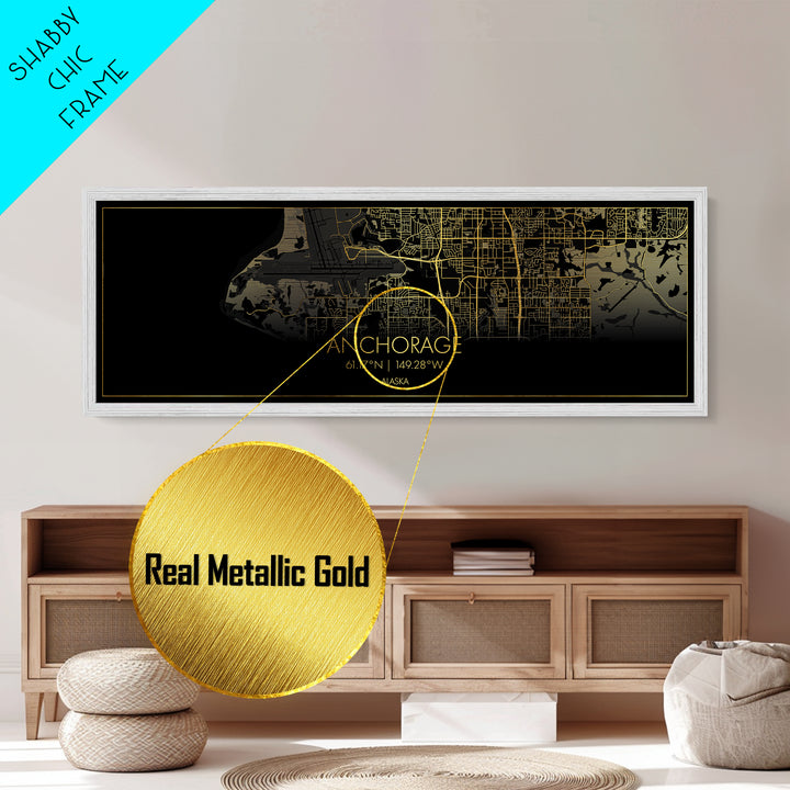 Anchorage Alaska City street map, Panoramic art, black and gold, Metallic Gold Print, Metal Art, real wood frames, Gold Street Map Art