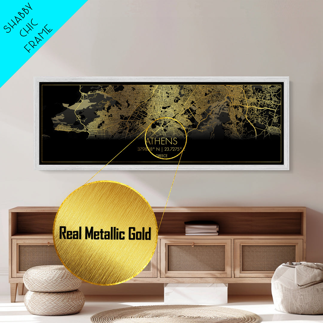 Athens Greece City street map, Panoramic art, black and gold, Metallic Gold Print, Metal Art, real wood frames, Housewarming Gift