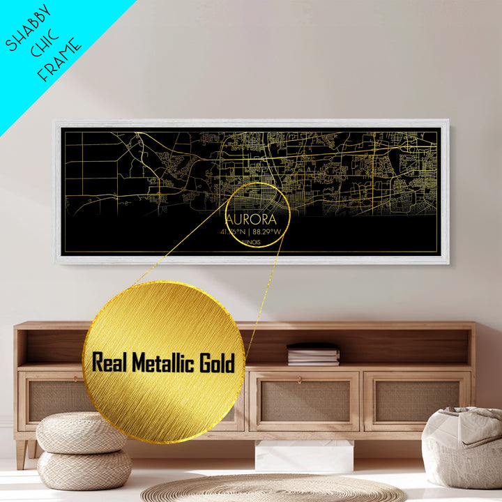 Aurora Illinois City street map, Panoramic art, black and gold, Metallic Gold Print, Metal Art, real wood frames, Map Print, Office Decor