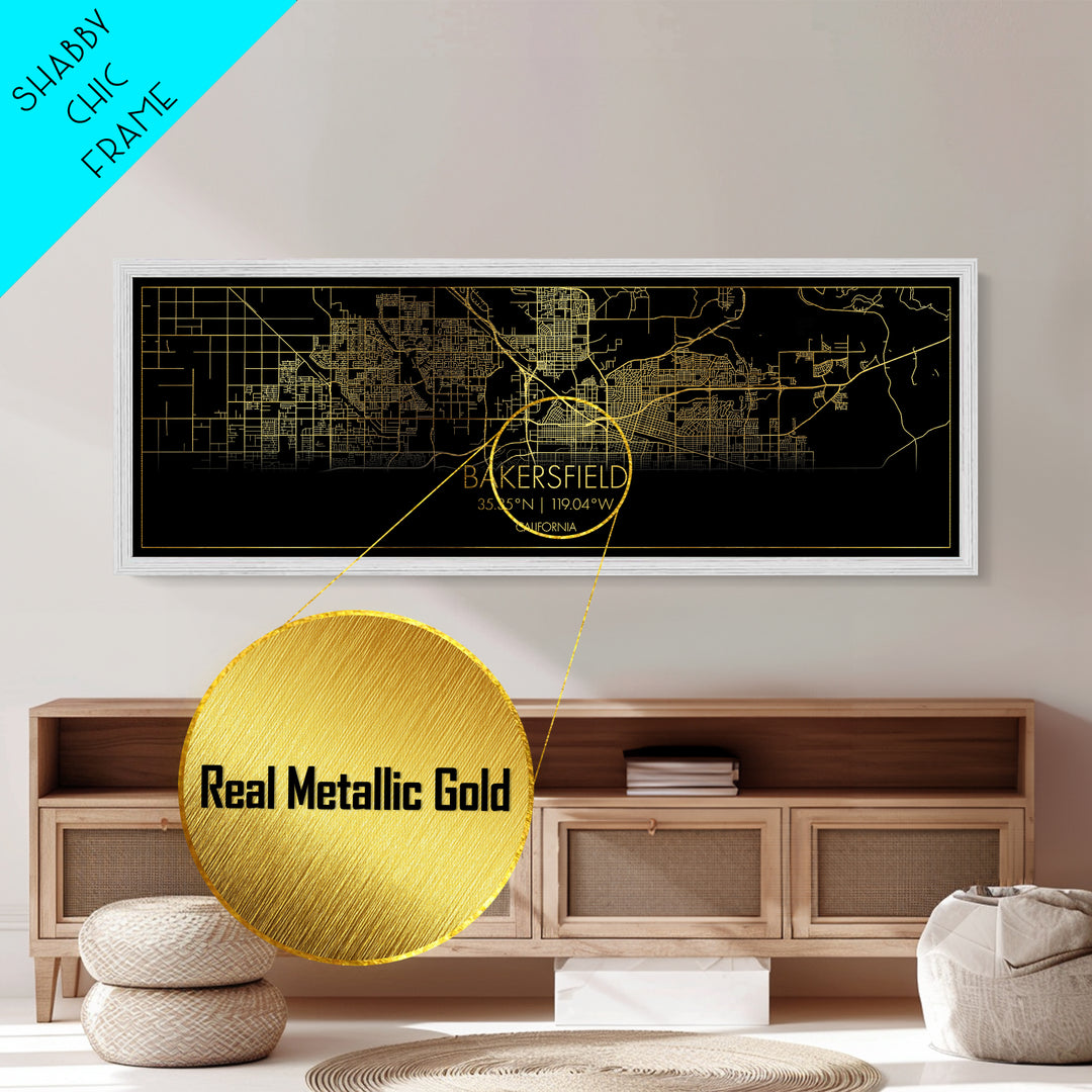 Bakersfield California City street map, Panoramic art, black and gold, Metallic Gold Print, Metal Art, real wood frames, Best Friend Gifts