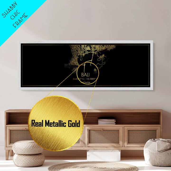 Bali Indonesia City Poster, Panoramic street map, black and gold, Metallic Gold Art, Metal Art, wood framed map, Gold Street Map Art